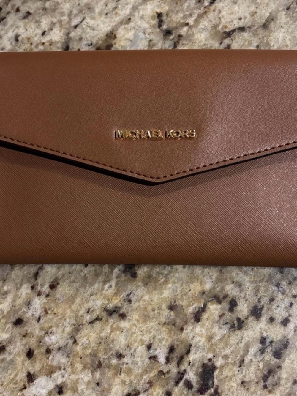 Michael Kors Tan Saffiano Leather Envelope Wallet with Gold Logo